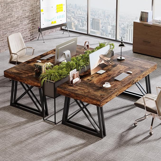Tribesigns 63-Inch Executive Desk Farmhouse Office Computer Desk with Sturdy X-Shaped Legs Large Writing Table Business Furniture Workstation for Home Office Study (Rustic Brown &amp Black)