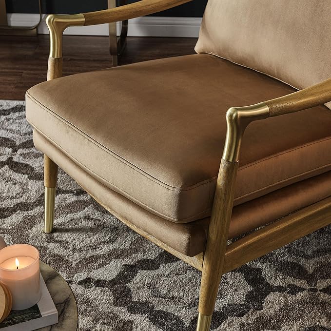 Modway Langford Stain-Resistant Performance Velvet Armchair – Mid Century Modern Velvet Chair with Wood Frame – Upholstered Accent Chair for Living Room or Bedroom