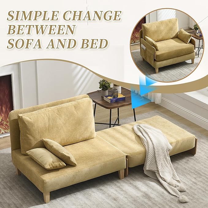 Mid-Century Modern Accent Chair 2-in-1 Foldable Sofa Couch Convertible Sleeper Bed Extra Wide Upholstered Armchair with 3 Pillows &amp Side Pocket for Living Room Bedroom (Mustard Yellow)