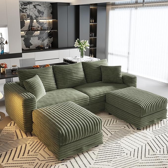 82.7'' Oversized Corduroy Couch Modular Sectional Sofa with 2 Ottomans Upholstered 3 Deep Seat U Shape Sofa Convertible Cloud Couches with Chaise Lounge for Living Room Apartment Green
