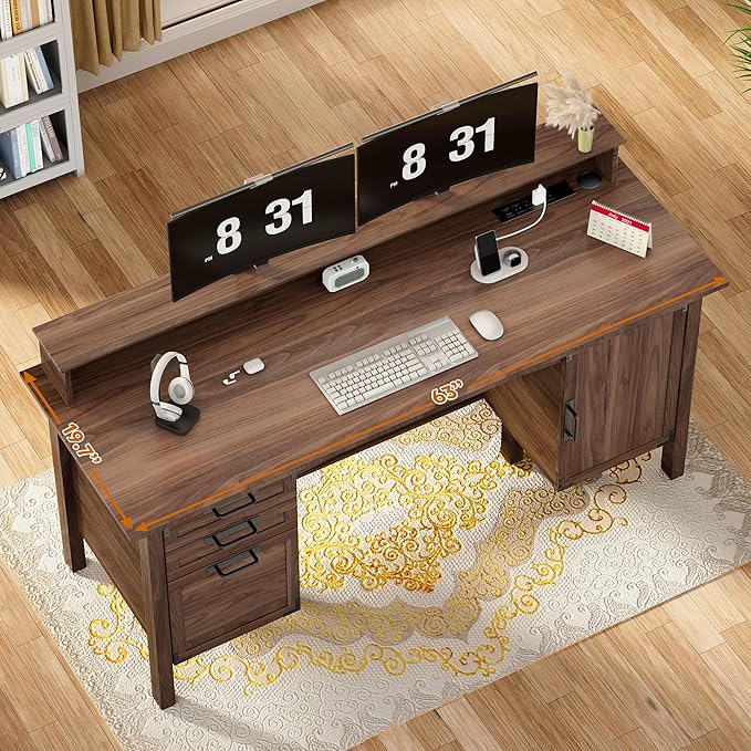 Farmhouse Office Desk with Power Outlet &amp Monitor Stand 63'' Home Computer Desk with 2 Drawers File Cabinet Storage Cabinet Executive Desk for Work Study Writing Gaming Walnut