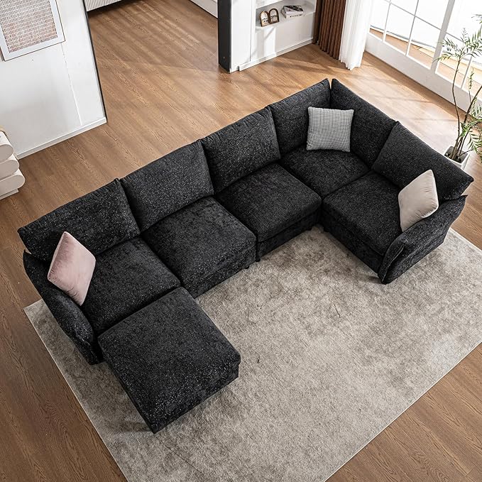124.4 U Shaped Sectional Couches with Storage Ottoman 6 Seater Chenille Upholstered Modular Sectional Sofa Cloud Couch Sectional Sectional Couches for Living Room Bedroom &amp Apartment (Black)
