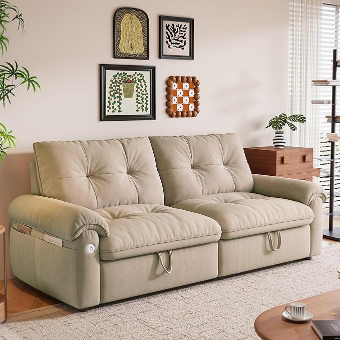 77 Queen Size Sofa Bed Loveseat Sleeper Sofa with Pull Out Bed Pockets and USB Velvet Fabric 2 Seater Convertible Small Couch for Living Room Bedroom Apartment Light Brown