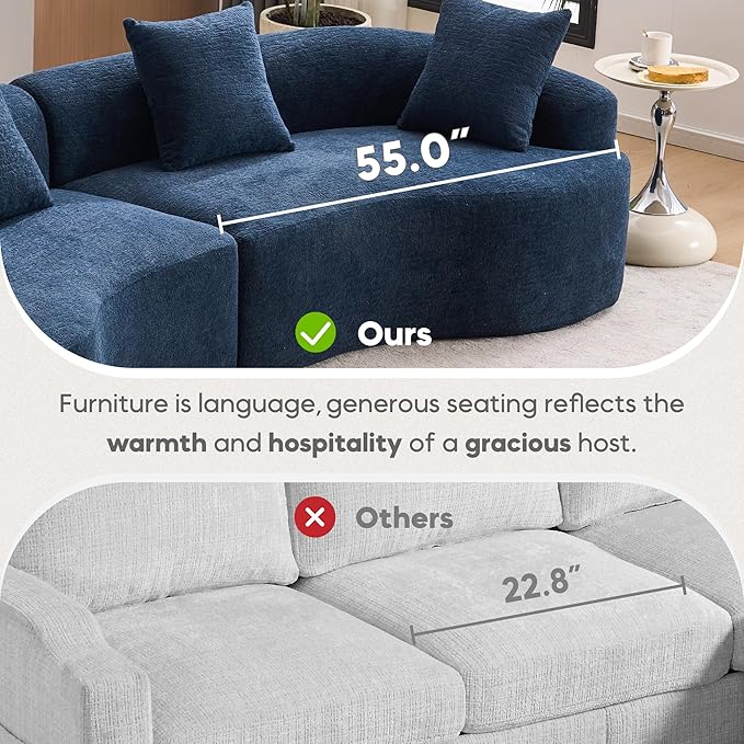 Yoglad 110‘’ Boneless Curved Sofa Modern Cloud 4-Seater Floor Couch Minimalist Compression Sofa for Living Room Apartment Studio Office No Assembly Needed(Chenille Navy Blue)