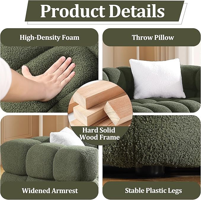 Modern Boucle Loveseat Couch for Living Room 61'' Sherpa Upholstered Sofa Couch Comfy Cloud Deep Seat Sofa Luxury Minimalist Plush Fluffy Couch for Small Apartment Office 2 Pillows Green