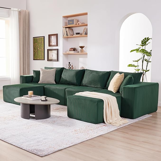 135.4 Cloud Couch Sectional Modular Sectional Sofa with Deep Seat Plush Corduroy U Shaped Boneless Couch Convertible Sectional Couches for Living Room 6Seat Green