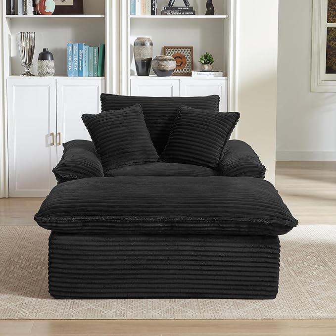 Oversized Chaise Lounge Chair Boneless Sofa Couch Upholstered Lounge Sofa Chair with Ottoman Indoor Corduroy Deep Seat Sleeper Chair for Living Room No Assembly Required Black