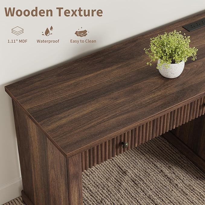 GAOMON 54'' Fluted Home Office Desk with Storage Modern Executive Desk with Charging Station Wooden Computer Desk with Drawers for Storage File Writing Desk for Study Living Room Bedroom