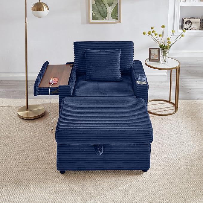 Modern Corduroy Cloud Chaise Lounge Chair with Ottoman Storage USB Ports &amp Wooden Side Table – 34.5 Comfortable Reading Chair for Living Room Bedroom &amp Home Office Reading Room Blue
