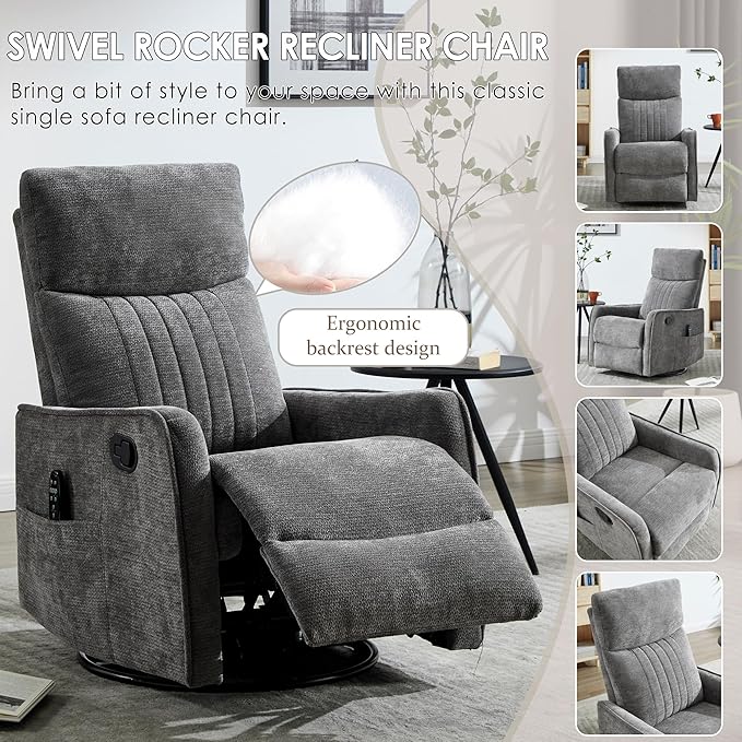 Small Swivel Rocker Recliner Chair for Nursery Heat &amp Massage Manual Upholstered 360° Fabric Glider Chair Small Recliners for Small Spaces Living Room (Dark Grey)