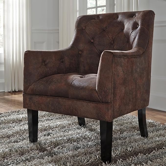 Signature Design by Ashley Drakelle Traditional Accent Chair with Diamond Button Tufting Attached Cushions Fabric Upholstery 20.5 Seat Height Dark Brown