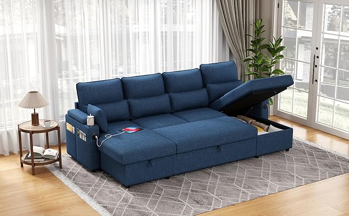 Sectional Sleeper Sofa with Pull Out Couch Bed with Storage Chaise for Living Room Comfy Linen Modular Sectional Sofa with Dual USB &amp Type-C Cup Holders (Blue 105 Inches)