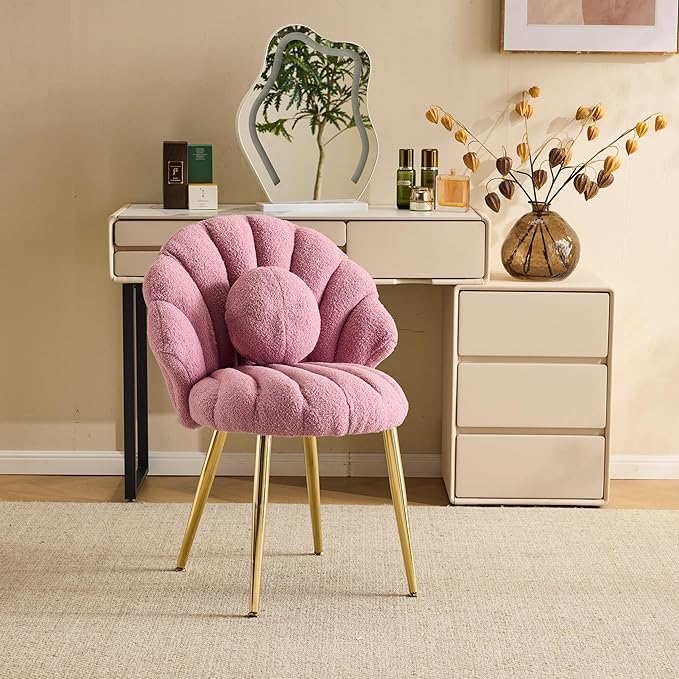 Vingli Shell-Shaped Teddy Fleece Accent Vanity Chair With BackComfy Purple and Gold Desk Chair No WheelsCute Small Pearl Deco PillowGift for Girls/Womenfor MakeupOfficeDiningNailSewingbedroom