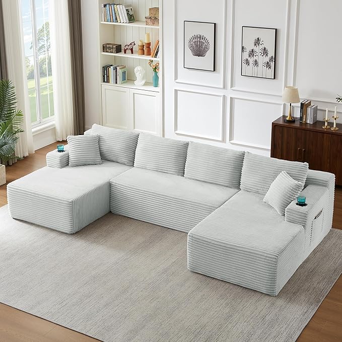 KIVENJAJA 133.5 Oversized U Shaped Sectional Cloud Couch Corduroy Modular Sectional Sofa with Cup Holders &amp Side Pockets Modern Deep Seat Boneless Couches for Living Room Apartment Light Grey