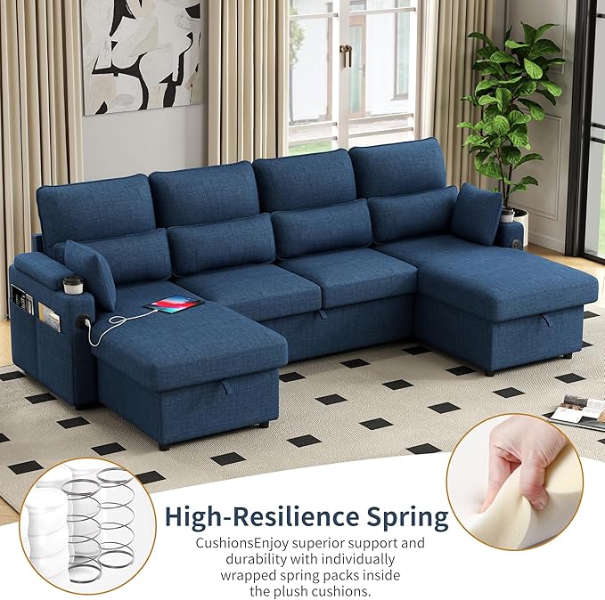 81 L-Shaped Sectional Sofa Couch Pull-Out Sleeper Sofa Bed with Storage Chaise Double Cup Holders Dual USB Charging Ports Couches for Living Room Apartment
