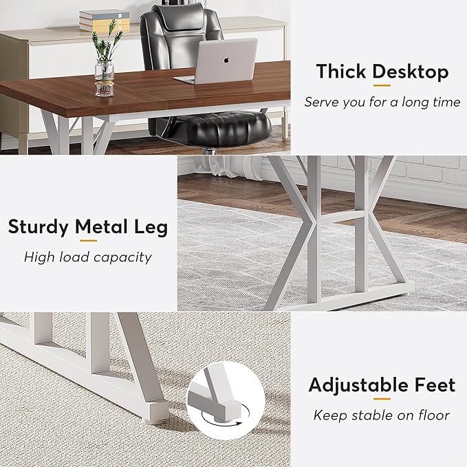 70.8 Inches Executive Desk Large Computer Desk Long Farmhouse Workstation Simple Desk with K Shaped Metal Legs for Home Office Brown/White