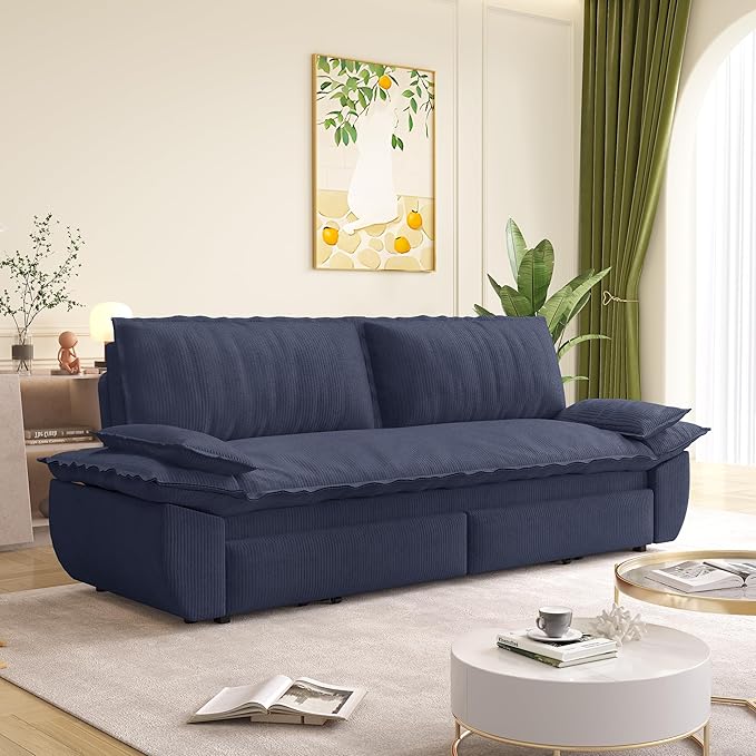 73.2‘’ Queen Size Sofa Bed Corduroy Loveseat 3-in-1 Convertible Sleeper Sofa Couch Love Seat Pull Out Sofabed Space Saving Blue