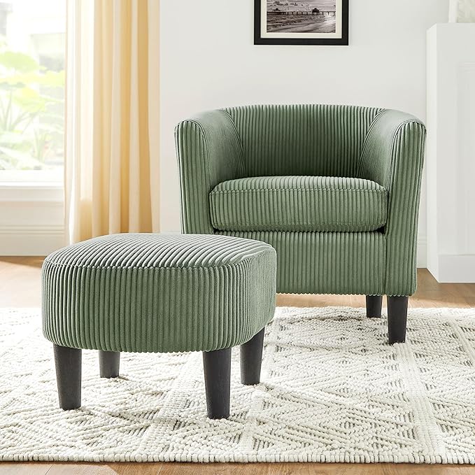 Modern Accent ChairUpholstered Arm Chair Corduroy Single Sofa Chair with Ottoman Foot Rest Comfy Armchair for Living Room Bedroom and OfficeYellow (Green)