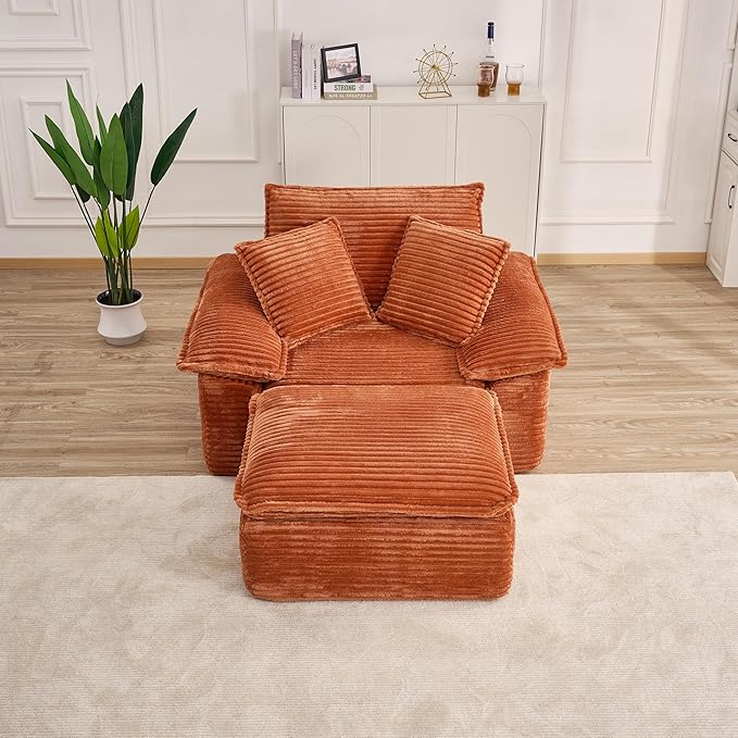 Oversized Armchair with Ottoman Corduroy Reading Chair for Bedroom &amp Living Room Modern Floor Sofa Chair Comfy Lazy Lounge Chair No Assembly Required Orange