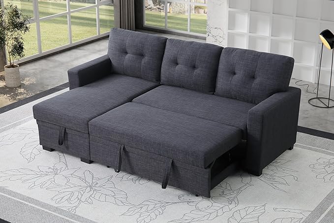 Ball &amp Cast L-Shape Reversible Sectional Sleeper Sofa Bed 4 in 1 Pull Out Couch with Storage Chaise &amp Removable Back CushionsConvertible Sleeper Corner Couch Pull-Out Sofa Bed for Living Room