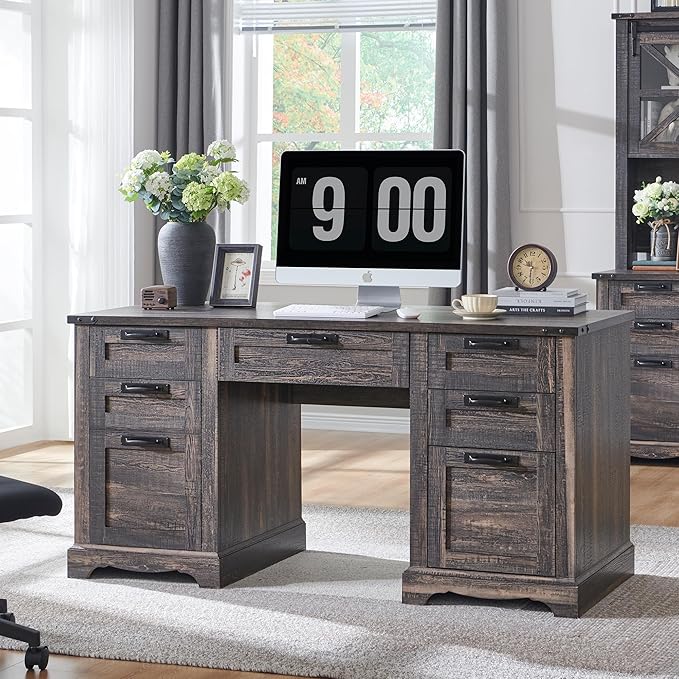 RedLemon 60 Executive Desk Farmhouse Home Office Desk with Drawers Charging Station Keyboard Tray File Drawer Storage Cabinet Wood Rustic Computer Writing Desk (Dark Rustic Oak)