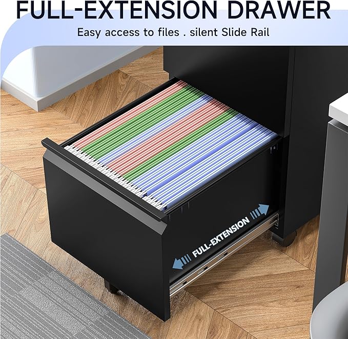 Mobile File Cabinet with Lock - 2 Drawer Small Rolling Cabinet for Home Office Legal/Letter/A4 (Black)
