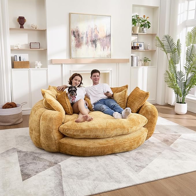 81 Round Sofa Bed Big Bean Bag Round Chaise Lounge Oversized Round Couch Boneless Reading Chair Plush Fluffy Chenille Large Chaise Chair for Living Room Bedroom Apartment Yellow