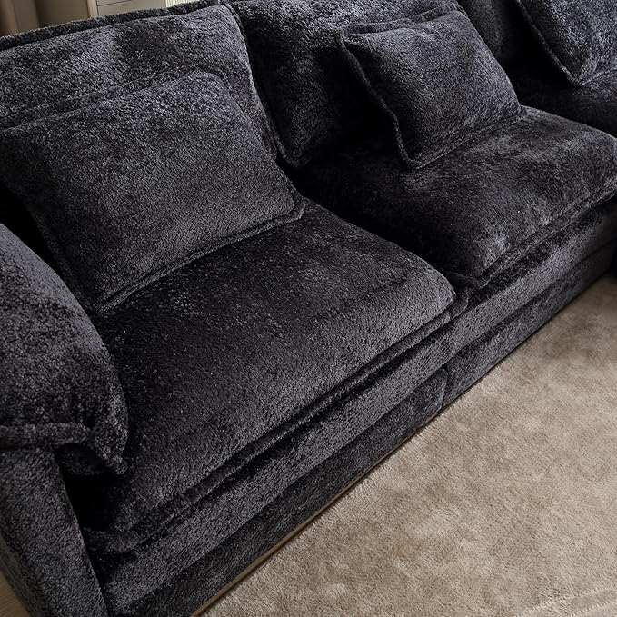 KEIKI 112 L-Shaped Chenille Modular Sectional Chenille Sofa with 1 Movable Ottoman &amp Memory Foam Cushion Upholstered Oversized 4-Seater Couch Easy Assembly for Apartment Living Room Black