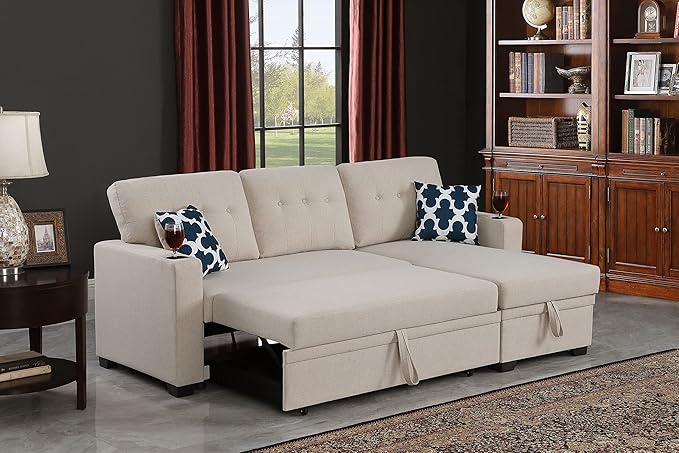 Ball &amp Cast Sectional Sleeper Sofa Couch with Pull Out BedL Shaped Sleeper Sofa Bed with Cupholder ArmrestsConvertible Sleeper Sectional Sofa W/Reversible Storage Chaise&ampBack Cushionfor Liv