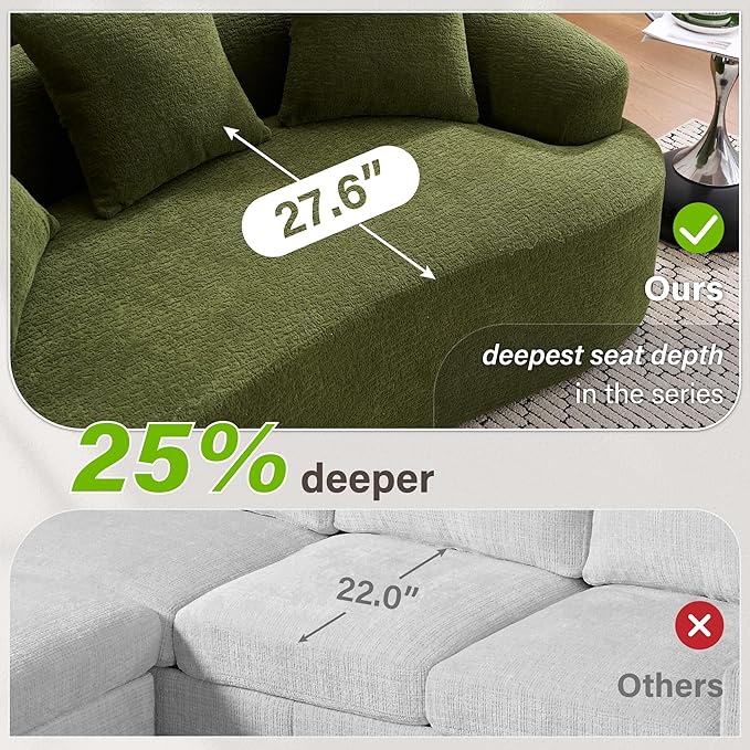 Loveseat Sectional Sofa for Living Room 65’’ Modern Luxury Plush Chenille Extra Deep Seat Curved Cloud Floor Couch with 3 Throw Pillows for Small Spaces No Assembly Needed Sage Green
