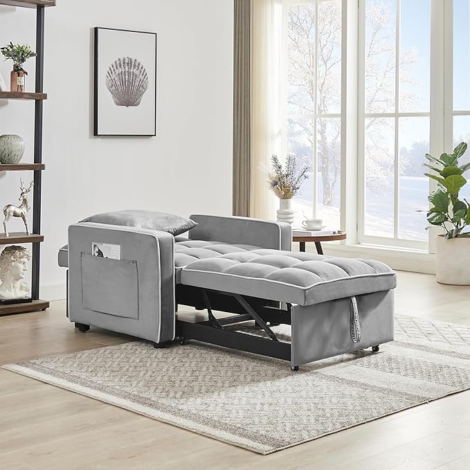3-in-1 Futon Couch Sofa Bed Chair Convertible Sleeper Sofa with Pull-Out Bed Folding Sofa Bed with Reclining Backrest and Side Pocket Sofa Recliner Single Bed Adult Modern Chair Bed Berth (Grey)