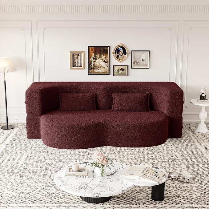 78” Floor Sleeper Sofa Bed Modern 2 in 1 Full Size Foldable Mattress with 2 Pillows Convertible Boneless Couch with Deep Seat for Living Room No Assembly Required (Burgundy &amp Teddy) | No Assemb