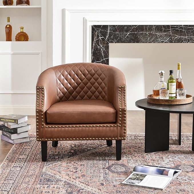 KINWELL Upgraded 29-inch Barrel Club Chairs Sloped Arm Design for Small Spaces Double Row Nailhead Trim Faux Leather Accent Chairs with Solid Wood Legs for Living Room (Mottled Mesh Brown)