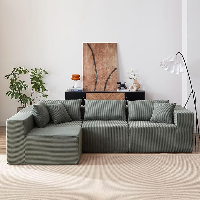 104 Viral Modular Boneless Cloud Couch Deep Seat Memory Foam Compressed Sectional Sofa with ChaiseL-Shaped Corduroy Couch for Living RoomNo Assembly RequiredGreen
