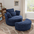 Oversized Swivel Chair and A Half with Ottoman Cozy Round Circle Chair Modern Big Comfy Accent Barrel Chairs with Pillows Comfy Chaise Lounge Adults Reading Armchair for Living Room Bedroom Navy