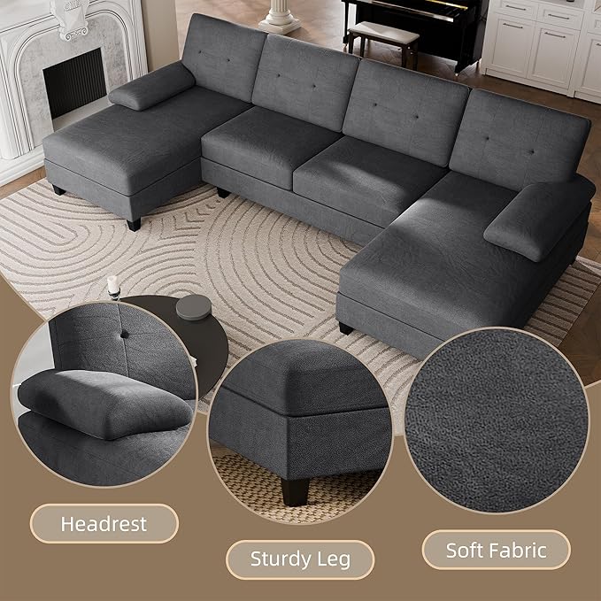 Walsunny Sectional Couches for Living Room Convertible U-Shaped Sofa Couch with Double Chaise 4 Seat Sofa Set Modular Sectional Sofa for Living Room Apartment Bedroom Black
