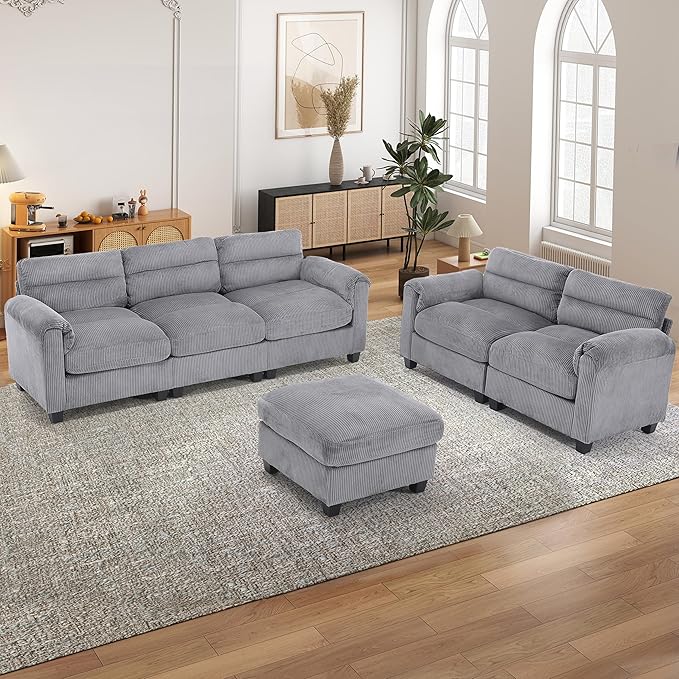 Corduroy Sofa Set Upholstered Ottoman Loveseat and 3-Seater Couch with Plush Cushions and Rolled Arms Modern Living Room Furniture SetsGrey