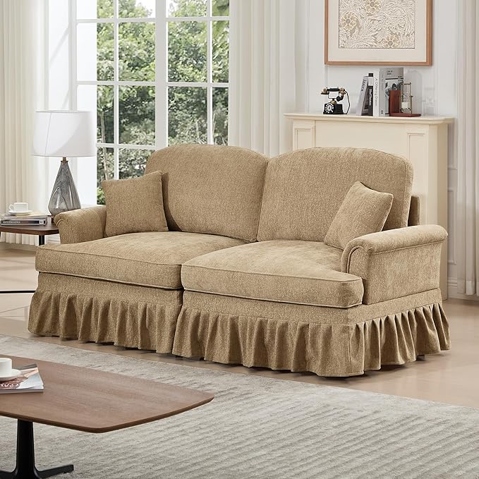 76 Chenille Loveseat Couch for Living Room Traditional Sofa with Detachable Ruffled Skirt Flared Arms Spindle Legs Comfy Mid Century Small Couches for Bedroom Small Spaces Apartment(Coffee)