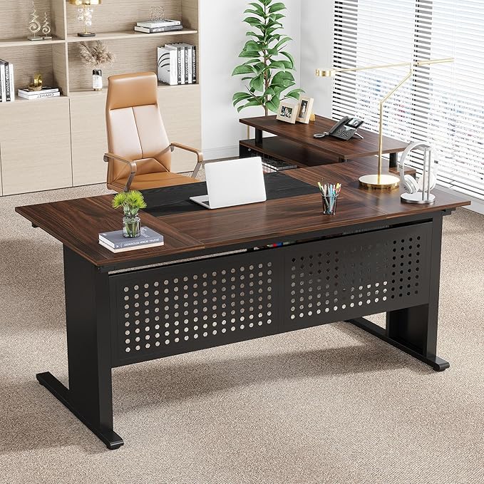 Tribesigns 63 Inch Executive Desk with File Cabinet Large Office Desk L Shaped Computer Desk with Drawers and Storage Shelves Business Furniture Desk for Home Office Dark Walnut and Black