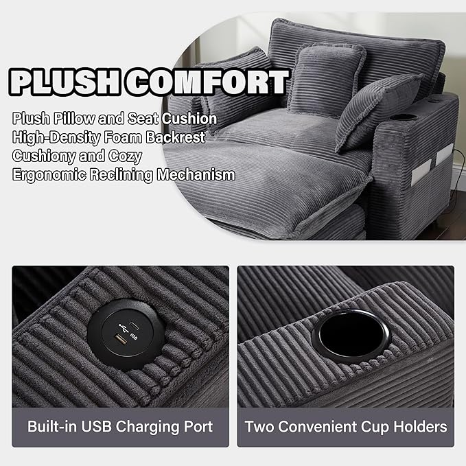 Corduroy Oversized Chair with Seat Pad - 44 Wide King Comfortable Chair and Seat Cover Set Modern Single Sofa Armrest with USB Port and Cup Holder Living Room Cloud Lounger (Grey)