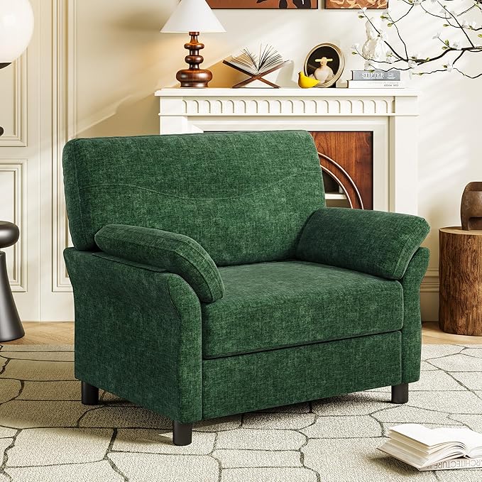 44.5 Oversized Accent Chair Comfy Chenille Fabric Living Room Chairs Upholstered Modern Armchair Extra Large Single Sofa Reading Chair for Bedroom Apartment Tool-free Assembly Dark Green