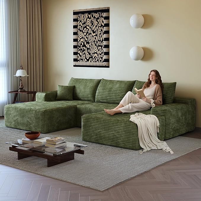 108 Sectional Couches for Living Room Modern Modular Sofa with L-Shape Couchs Upholstered Boneless Couch Deep Seat Sectional Couch with Chaise (Green Left Facing Chaise+2Seaters+1Ottoman)