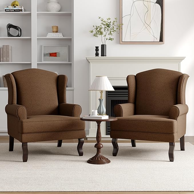 High Back Accent Chairs Set of 2 Upholstered Fabric Armchair for Living Room Mid Century Modern Club Accent Chair with Curved Armrests and Solid Legs Single Sofa Reading Chair for Bedroom Brown