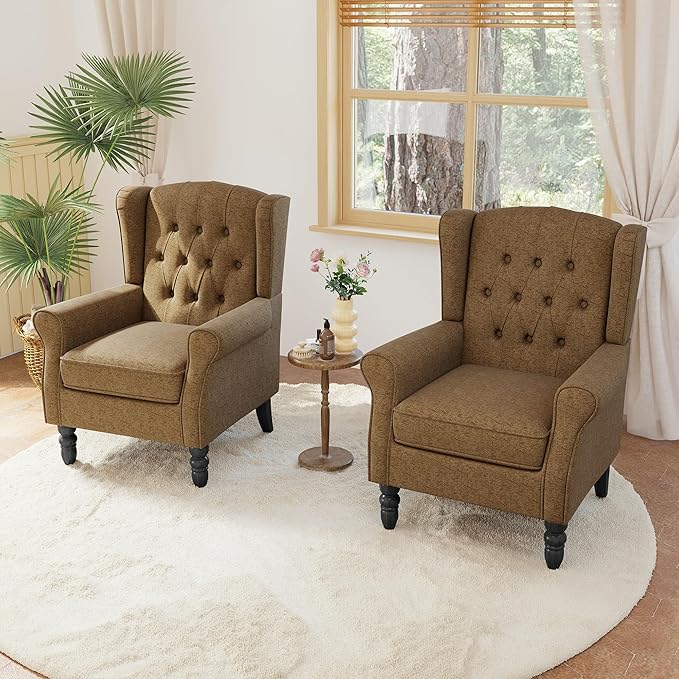 Accent Chairs Set of 2 High Back Upholstered Chair with Button Tufted Mid-Century Modern Comfy Wingback Chair Reading Armchair in Fabric for Living Room for Bedroom Office-Brown