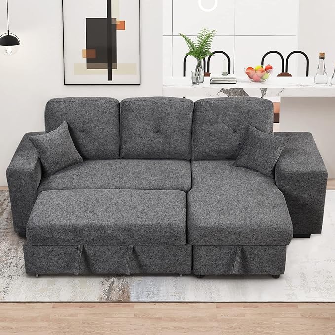 Reversible Sleeper Sectional Sofa with Side Shelf and 2 Stools Pull-Out L-Shaped Sofa Bed with Storage Chaise Left/Right Hande Corner Sofa-Bed for Living Room (Black+Blue + Velvet + Foam-01)