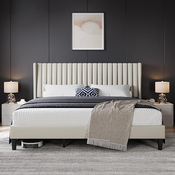 Yaheetech King Bed Frame Upholstered Platform Bed with Fabric Headboard Wing Edge Design/Non-Slip and Noise-Free/Wooden Slats Support/No Box Spring Needed/Easy Assembly Beige King Bed