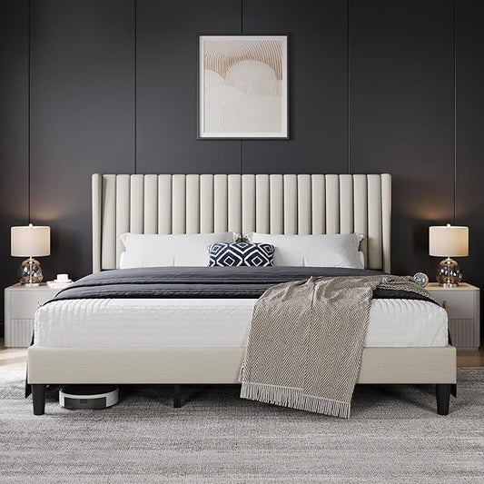 Yaheetech King Bed Frame Upholstered Platform Bed with Fabric Headboard Wing Edge Design/Non-Slip and Noise-Free/Wooden Slats Support/No Box Spring Needed/Easy Assembly Beige King Bed