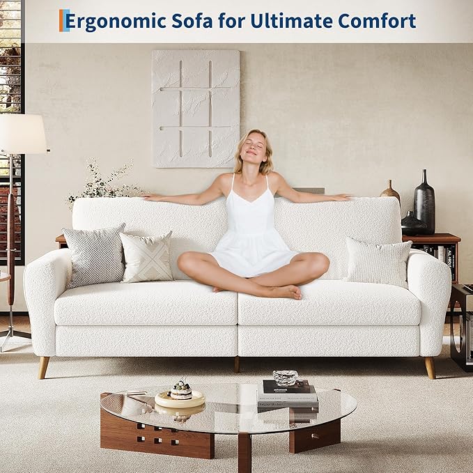 IDEALHOUSE 84 Inch Modern Sofa Couch Large 3-Seater Sofa with Streamlined Armrests Boucle Loveseat Wood Feet Comfy Couch for Living Room Apartment Lounge White