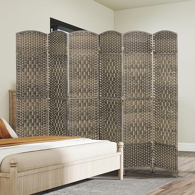HOMCOM Room Divider 6 Ft 6 Panel Folding Privacy Screen Hand-Woven PP Wall Partition with Pine Wood Frame Freestanding Room Separator for Bedroom Home Office No Assembly Dark Rustic Oak