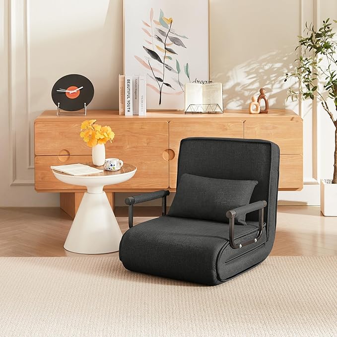 Sleep Chair Bed Comfy Convertible Sleeper Chairs for Adults 5 in 1 Folding Sofa Bed with 5 Position Adjustable Backrest Pillow Cozy Small Chair Couch for Small Spaces Office (Black)